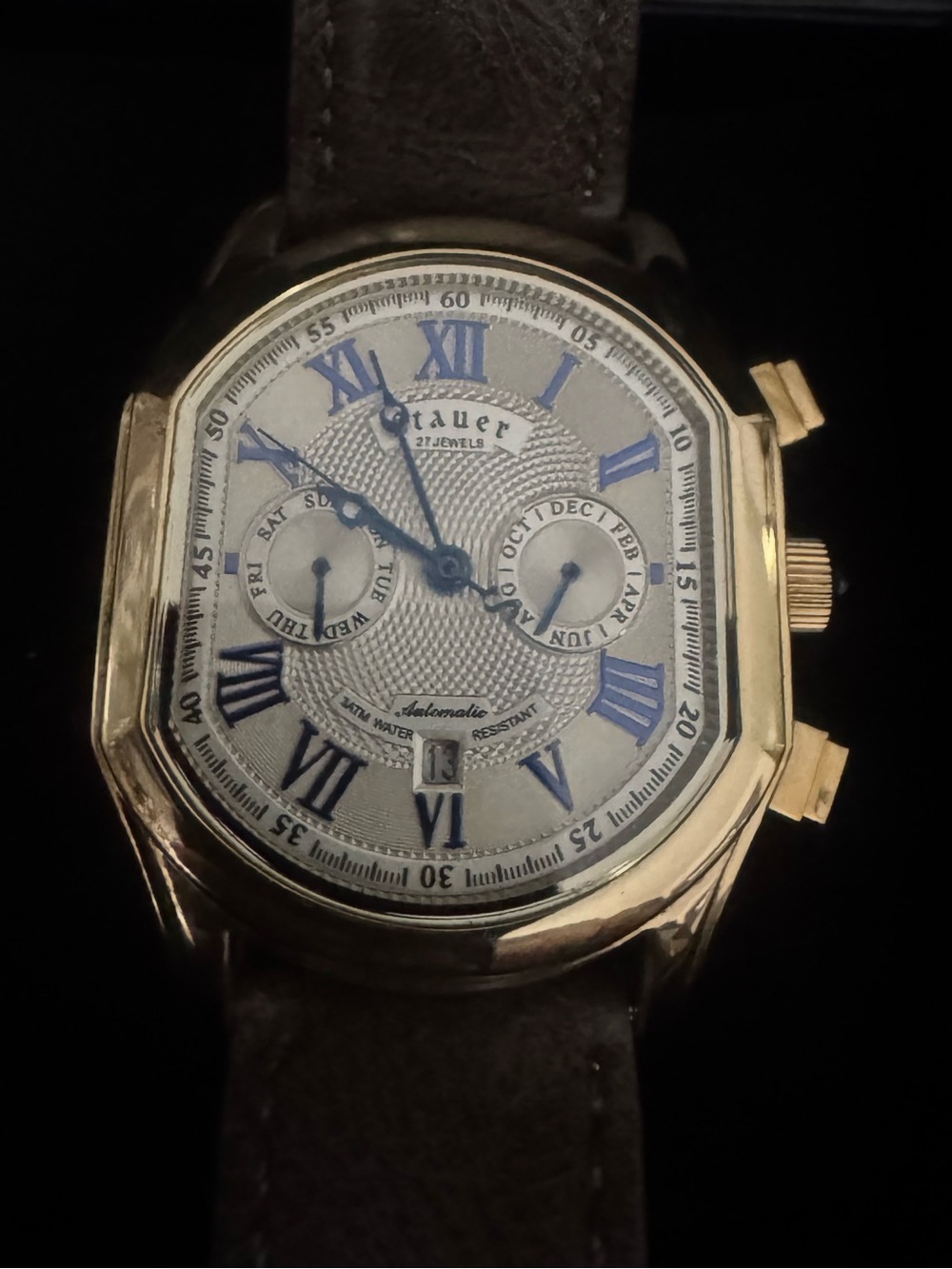 #134 stauer Men's Gold-Tone Automatic Watch with Blue Accents